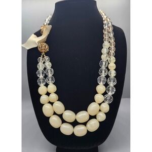 Macy's Cream & Clear Beaded Double Strand Statement Necklace with Bow NWT